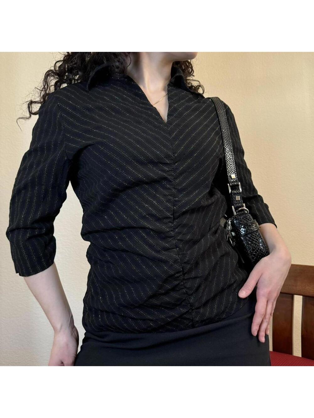 Vintage Sparkly Black Pinstripe Ruched Blouse